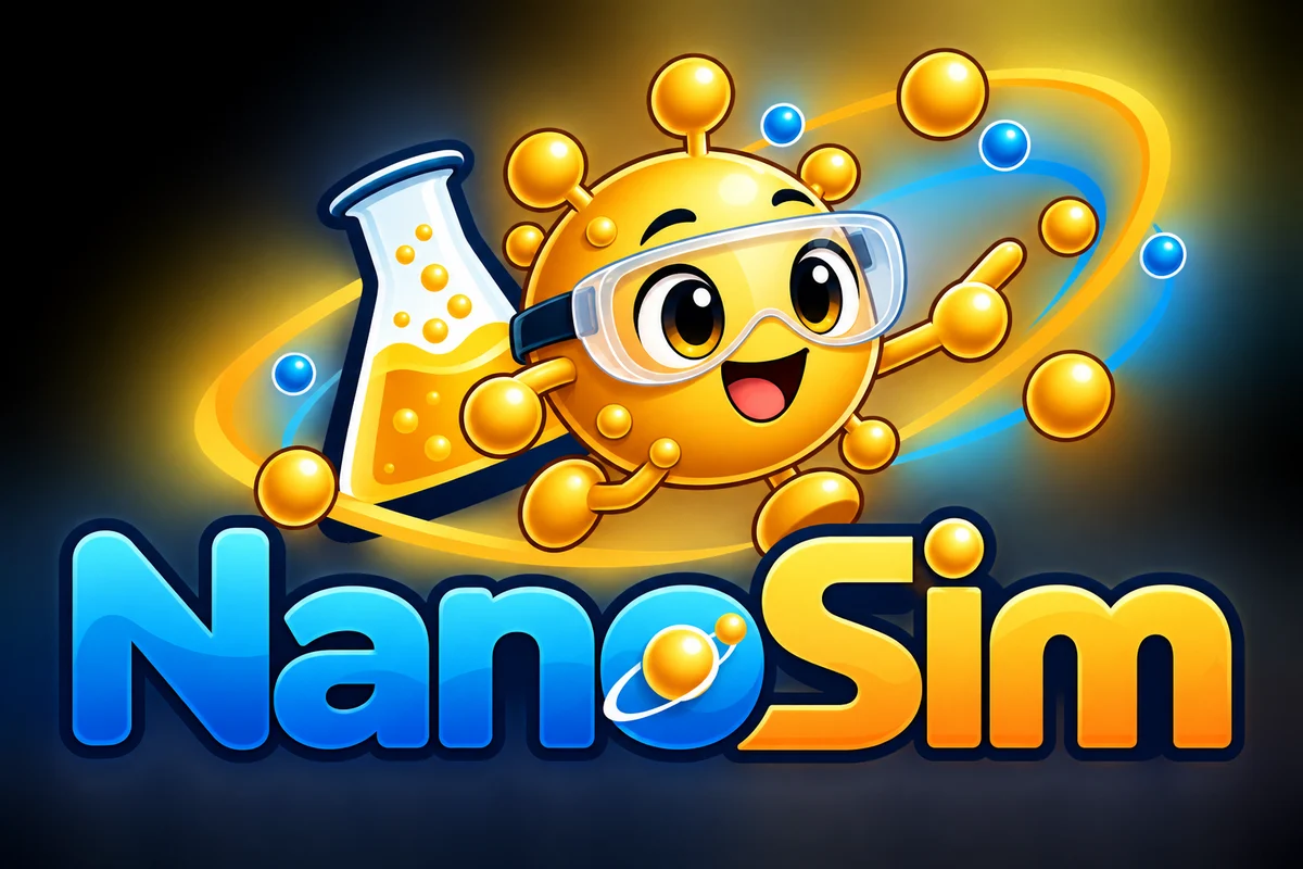 NanoSim logo: Pip, a smiling gold nanoparticle in lab goggles, holding a flask.