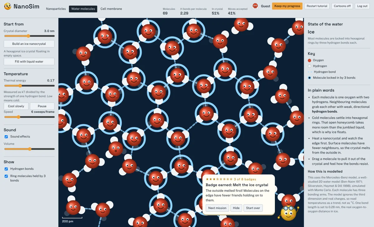 The Water molecules lab: a hexagonal ice crystal melting at its edges, with hydrogen bonds drawn as dashed lines.